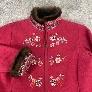 Icelandic Design Jacket Womens Small Boiled Wool Embroidered Floral Nordic